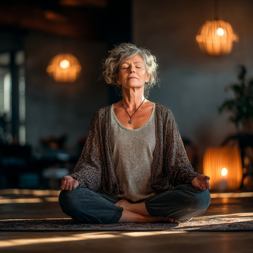 Жінка 55 років медитує в позі лотоса на килимку для йоги в затишній студії з м'яким освітленням