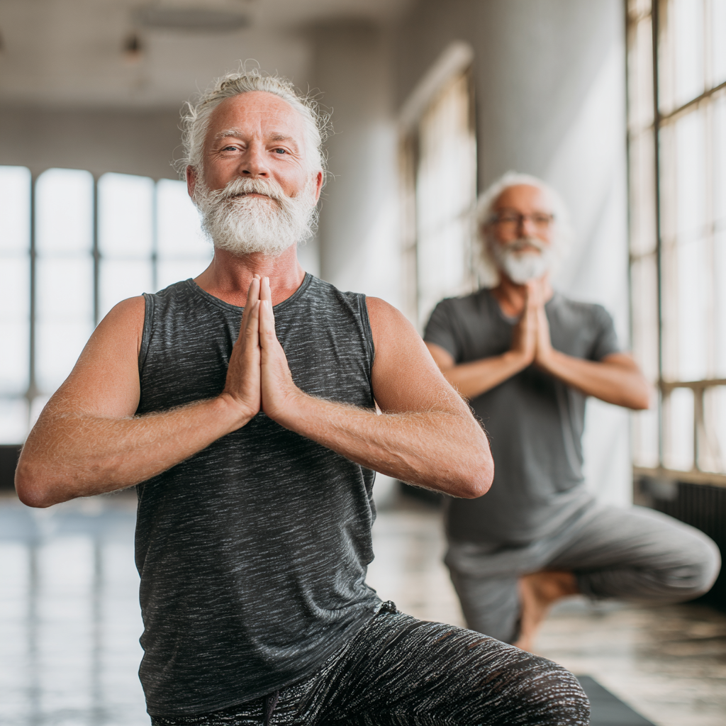 Чоловік 58 років виконує базові асани йоги під керівництвом досвідченого інструктора в світлій студії