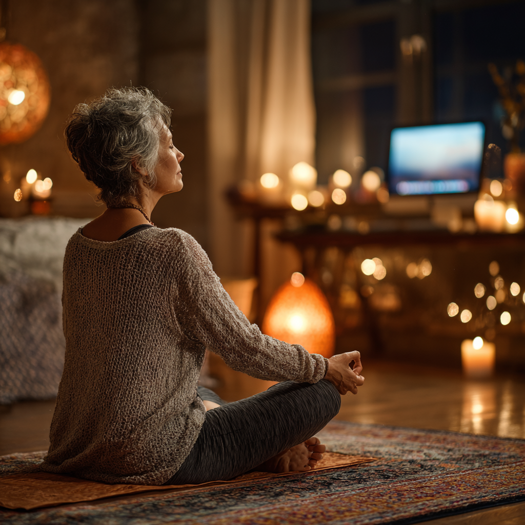 Жінка 60 років займається йогою вдома перед комп'ютером, слідкуючи за онлайн заняттям plunterav